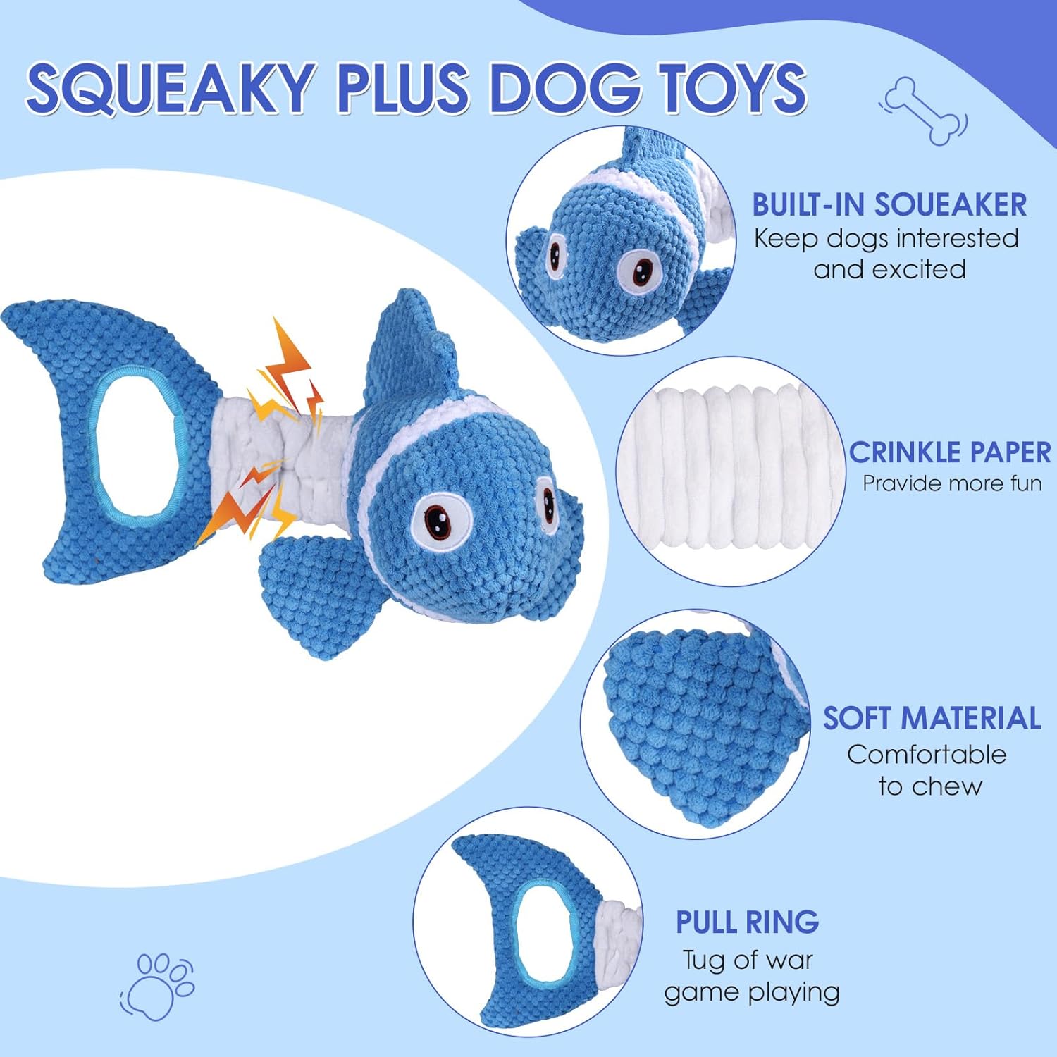 Interactive Fish Shape Dog Chew Toy Set, Durable Plush Rope Tug Toys for Small & Medium Dogs, Squeaky Training Pet Toy