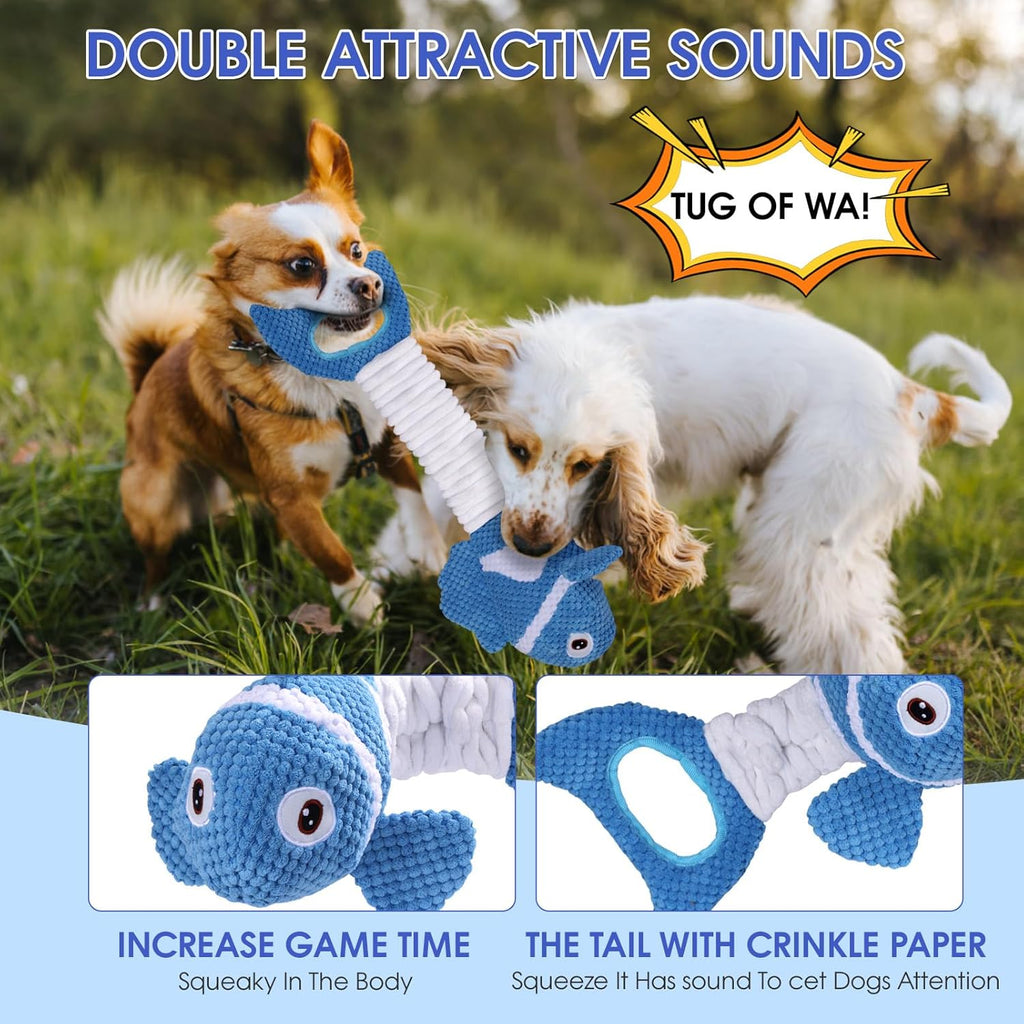 Interactive Fish Shape Dog Chew Toy Set, Durable Plush Rope Tug Toys for Small & Medium Dogs, Squeaky Training Pet Toy