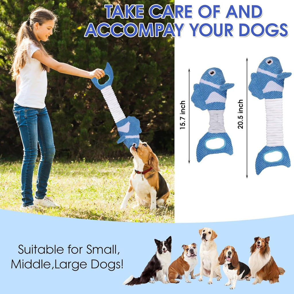 Interactive Fish Shape Dog Chew Toy Set, Durable Plush Rope Tug Toys for Small & Medium Dogs, Squeaky Training Pet Toy