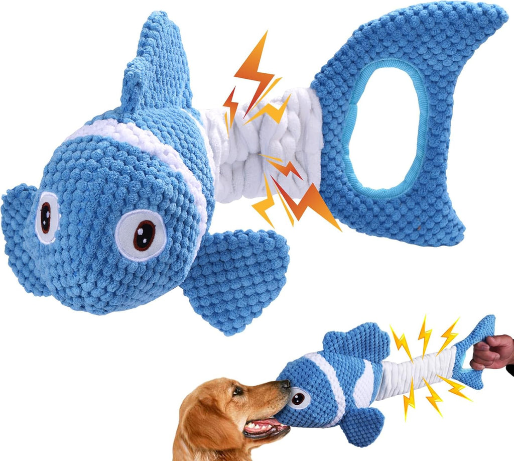 Interactive Fish Shape Dog Chew Toy Set, Durable Plush Rope Tug Toys for Small & Medium Dogs, Squeaky Training Pet Toy