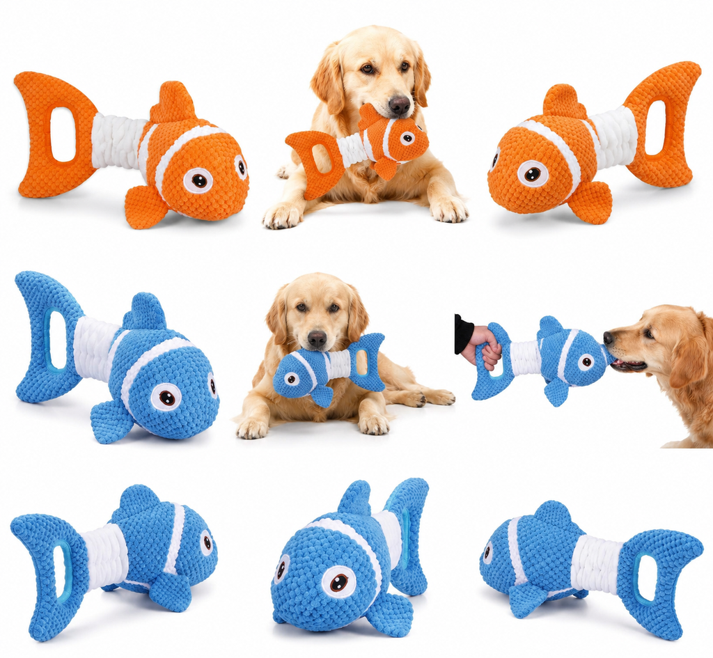 Interactive Fish Shape Dog Chew Toy Set, Durable Plush Rope Tug Toys for Small & Medium Dogs, Squeaky Training Pet Toy
